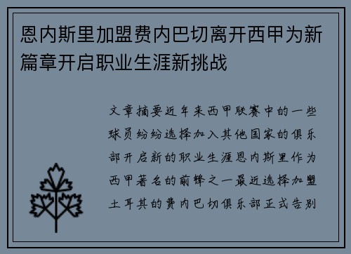 恩内斯里加盟费内巴切离开西甲为新篇章开启职业生涯新挑战
